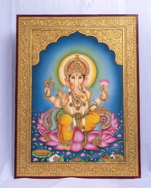 Ganesha on the Lotus — handmade Indian painting