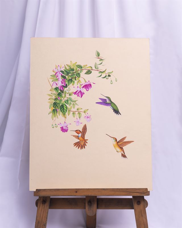 Hummingbirds & Blossoms — handmade Indian painting