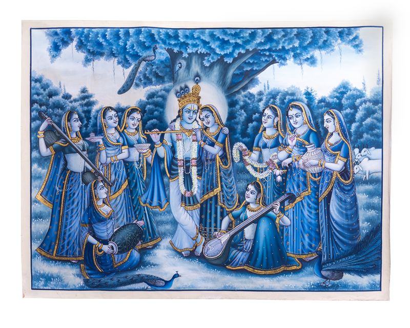 Raas Leela in Indigo — handmade Indian painting